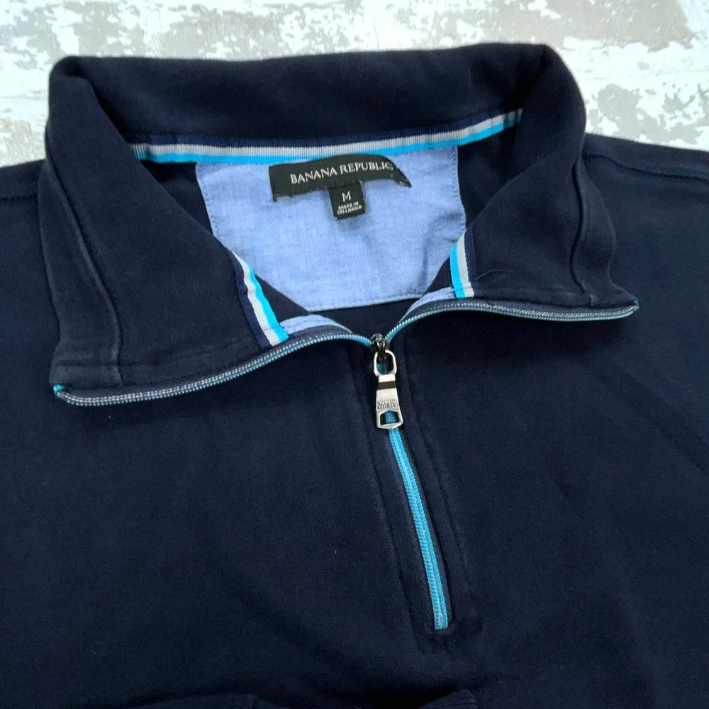 Banana Republic Sweater Men Medium Blue Knit‎ Sweatshirt Quarter Zip Navy Thin *